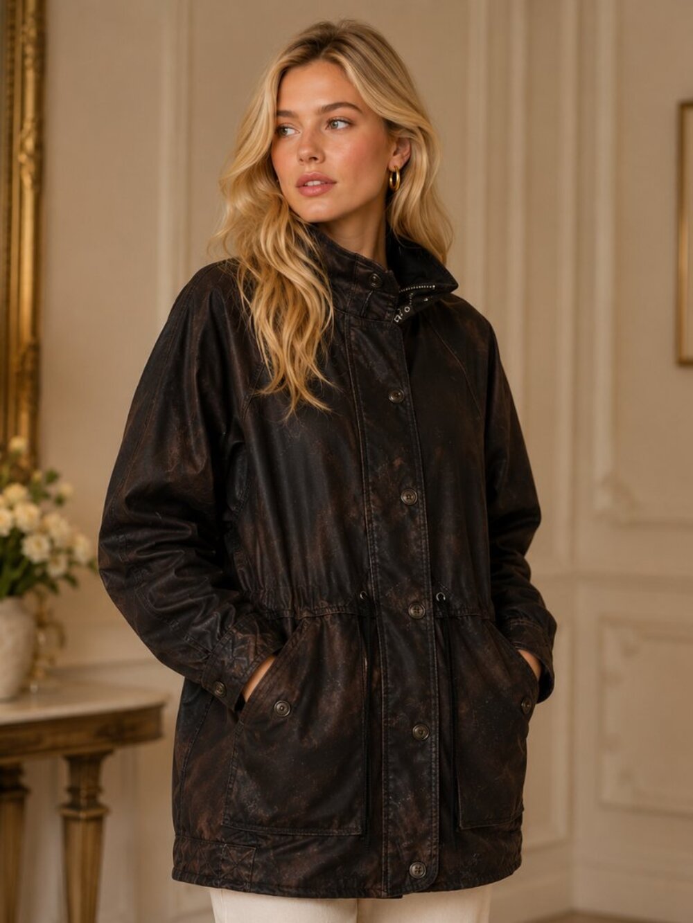 Vintage 90s FORECASTER Metallic Print Oversized Nylon Blend Jacket Adjustable M